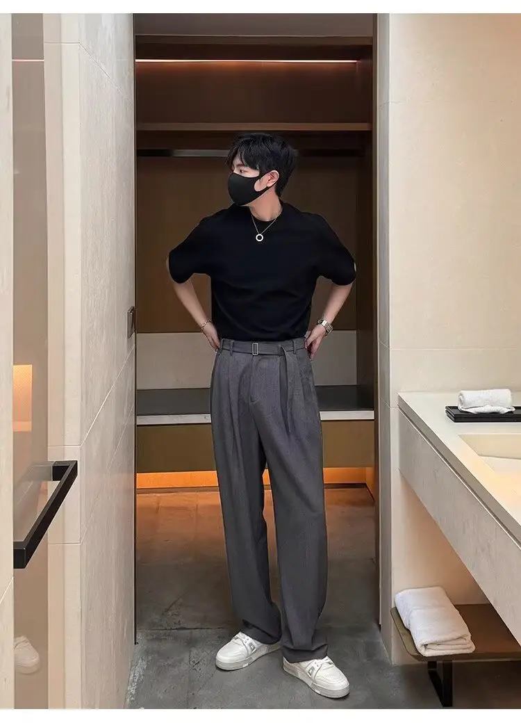 Men's Grey Straight Pants with Belt for Spring Autumn — feature 16