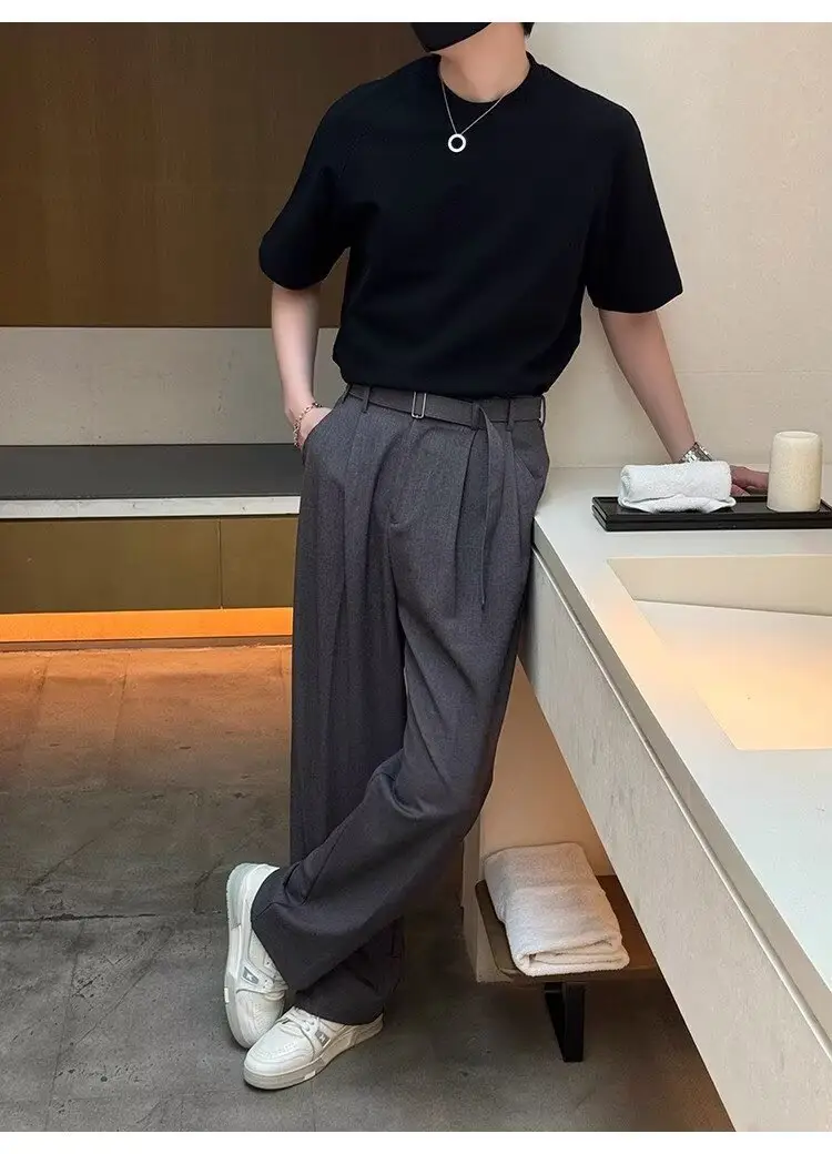 Men's Grey Straight Pants with Belt for Spring Autumn — feature 17