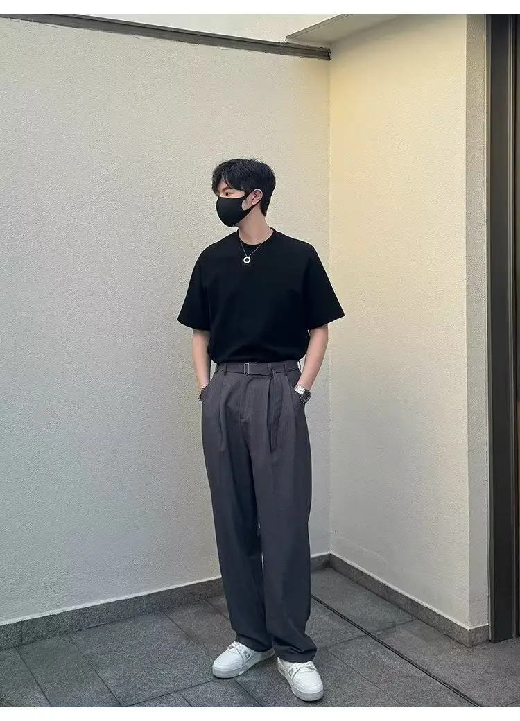 Men's Grey Straight Pants with Belt for Spring Autumn — feature 18