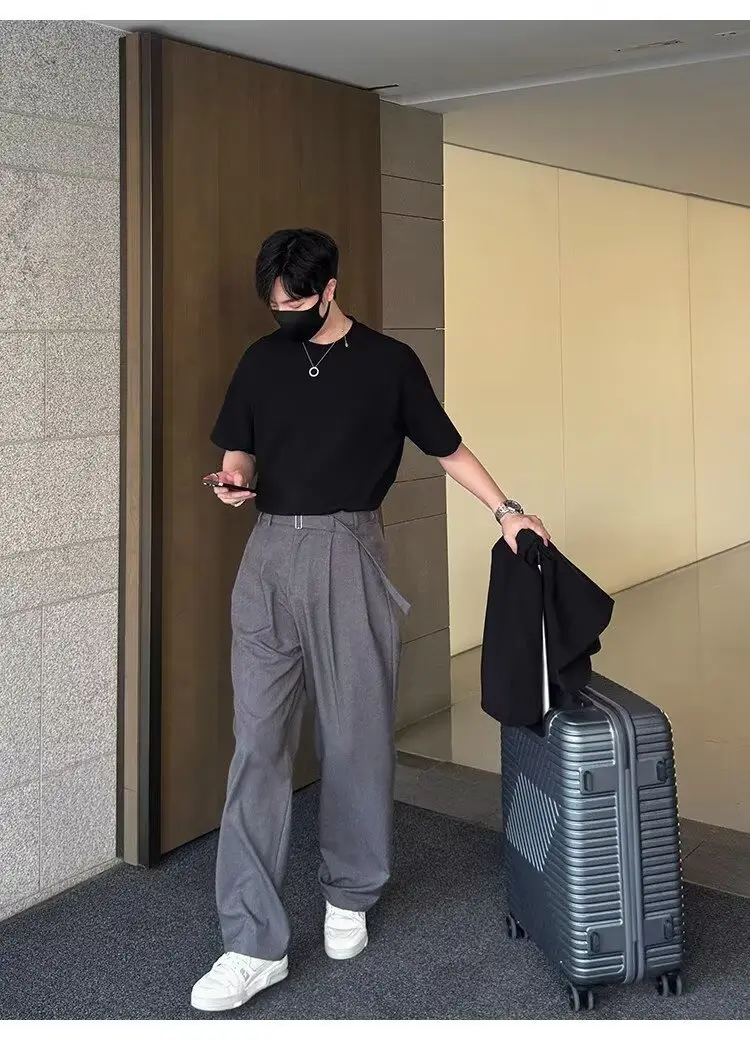Men's Grey Straight Pants with Belt for Spring Autumn — feature 19