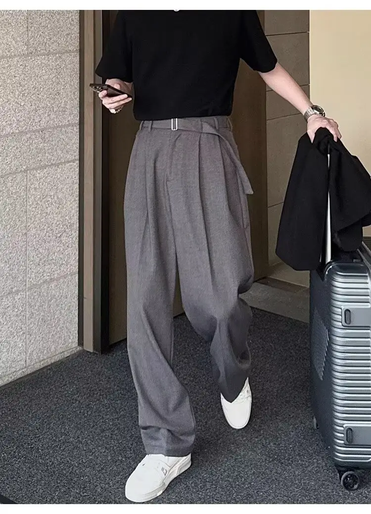 Men's Grey Straight Pants with Belt for Spring Autumn — feature 20