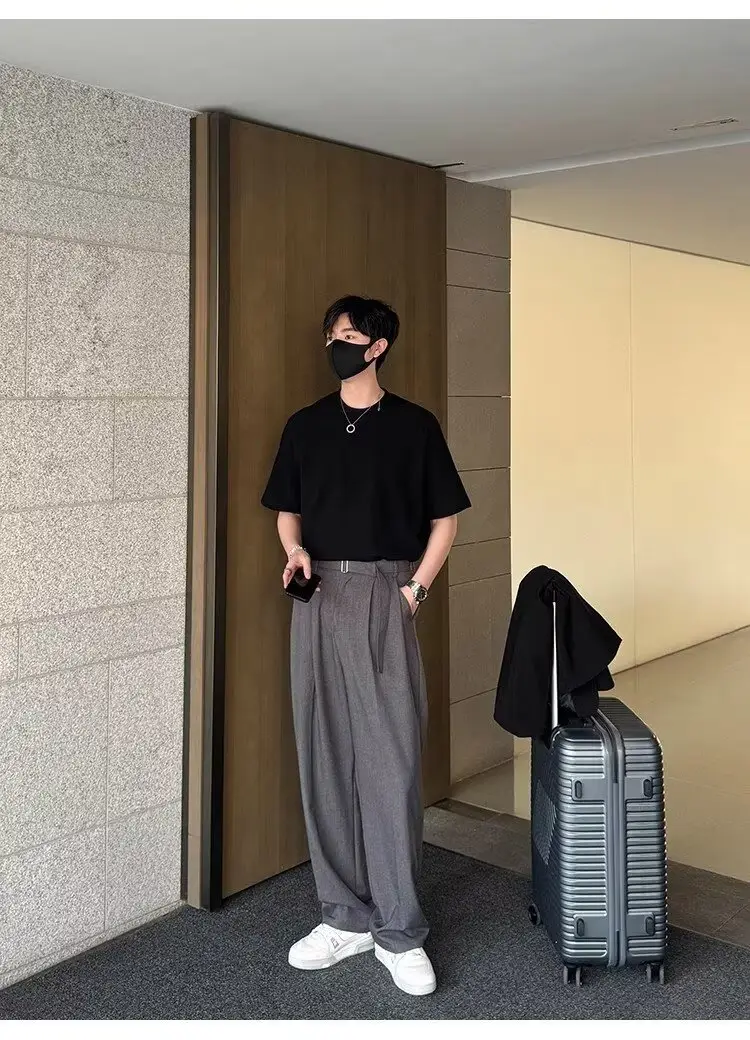 Men's Grey Straight Pants with Belt for Spring Autumn — feature 21