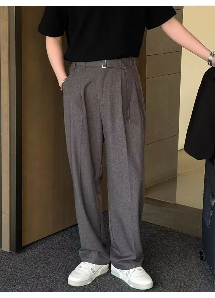 Men's Grey Straight Pants with Belt for Spring Autumn — feature 22