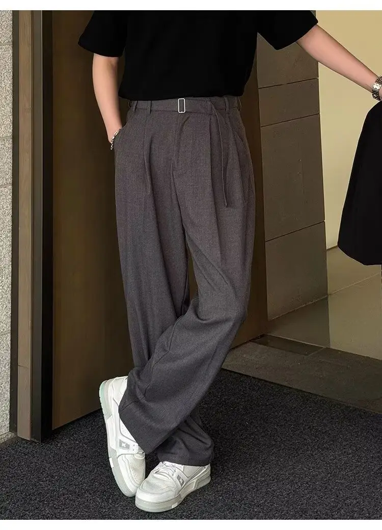 Men's Grey Straight Pants with Belt for Spring Autumn — feature 23