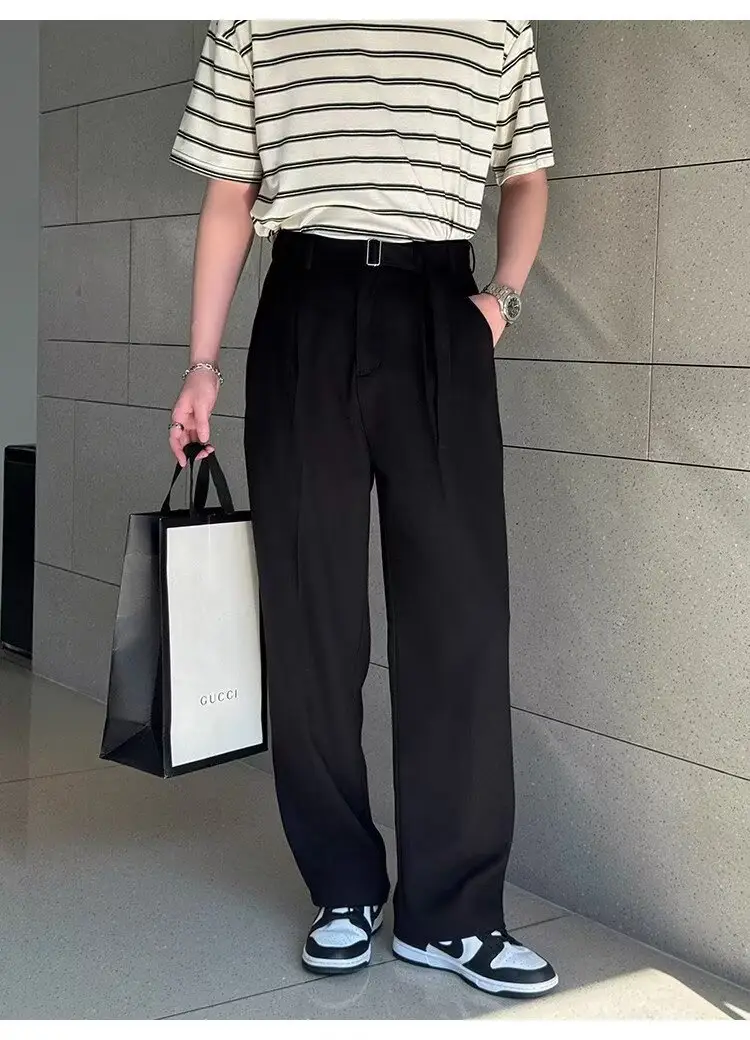 Men's Grey Straight Pants with Belt for Spring Autumn — feature 27