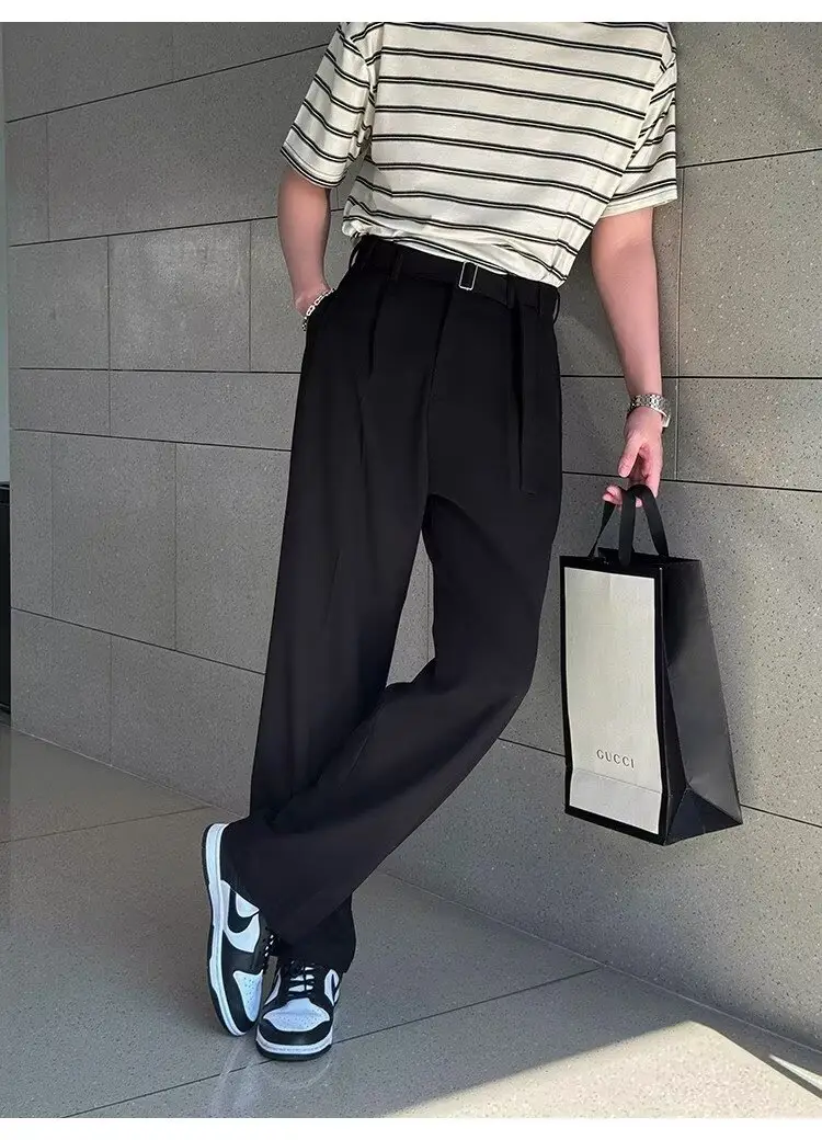 Men's Grey Straight Pants with Belt for Spring Autumn — feature 28