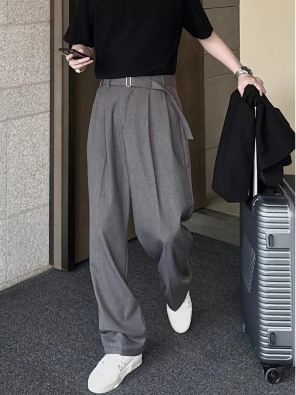 Men's Grey Straight Pants with Belt for Spring Autumn — feature 3
