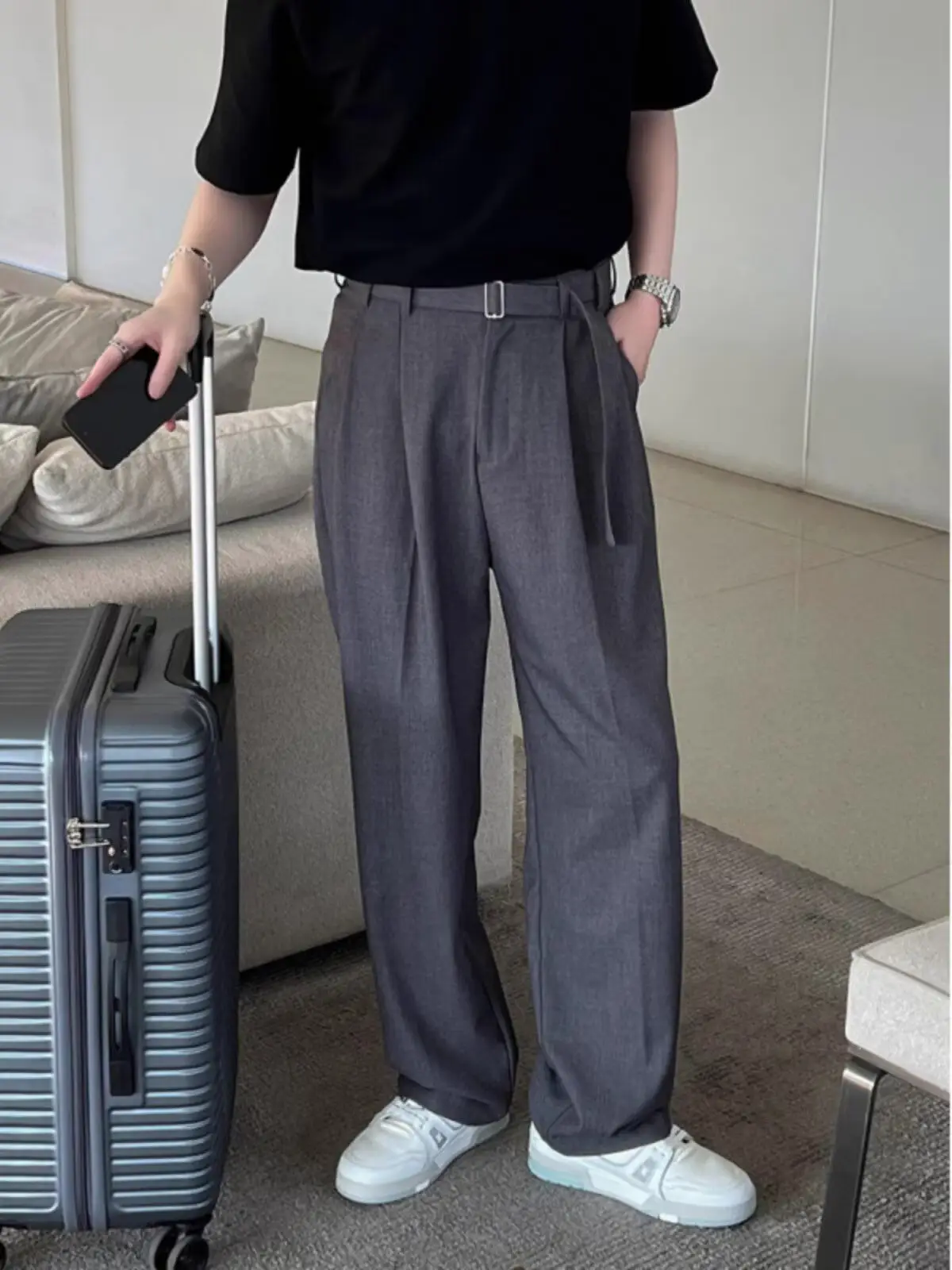 Men's Grey Straight Pants with Belt for Spring Autumn — feature 6