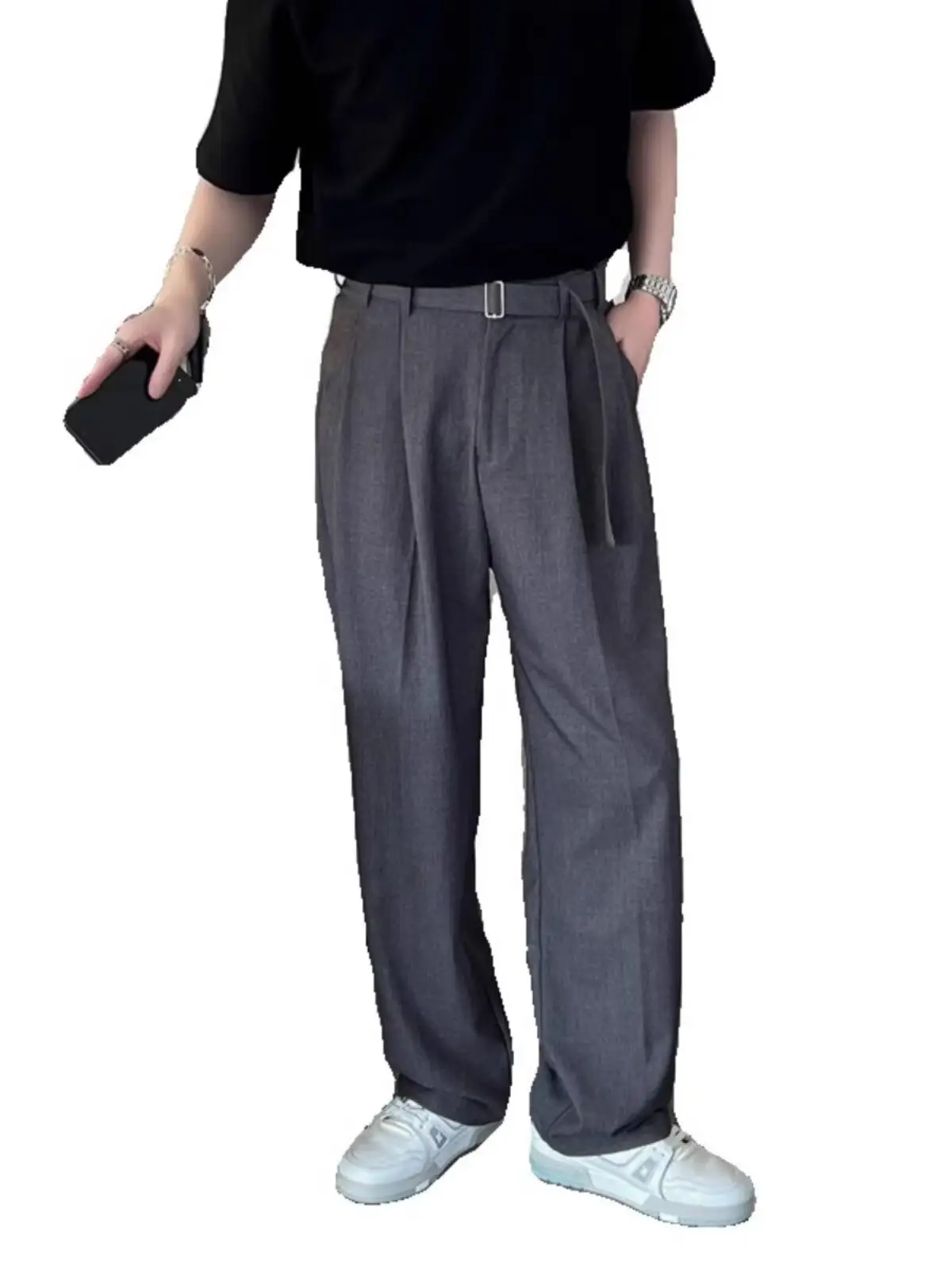 Men's Grey Straight Pants with Belt for Spring Autumn — feature 8