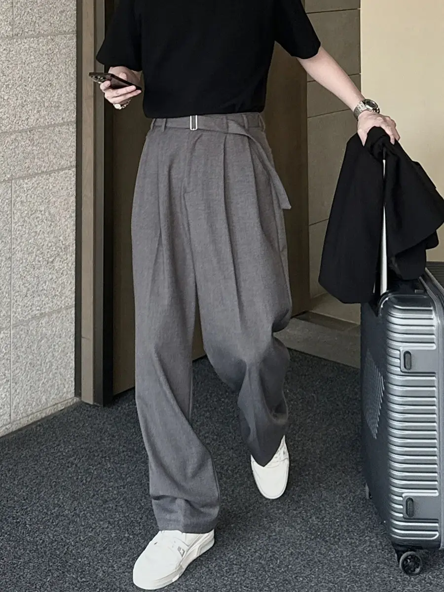 Men's Grey Straight Pants with Belt for Spring Autumn - Image 2