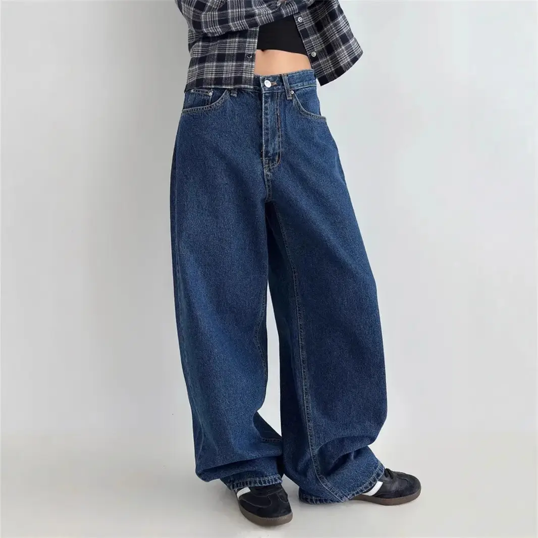 Wide Leg Dark Blue Denim Pants for Women 2026