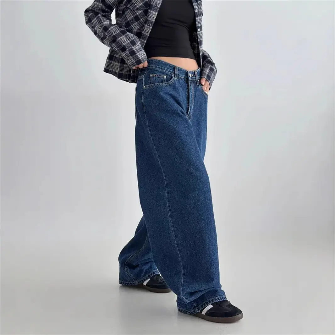 Wide Leg Dark Blue Denim Pants for Women 2026