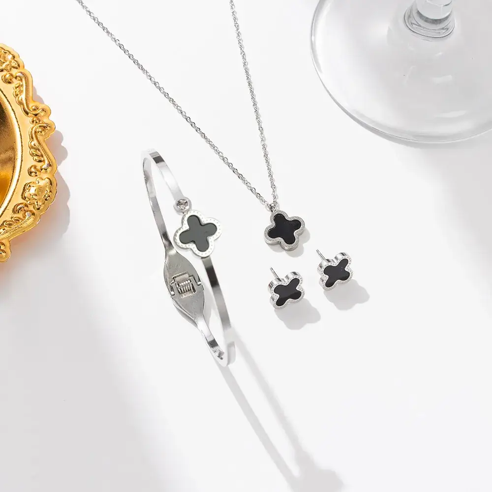 Silver Four-leaf Clover Stud Earrings for Women - Image 2