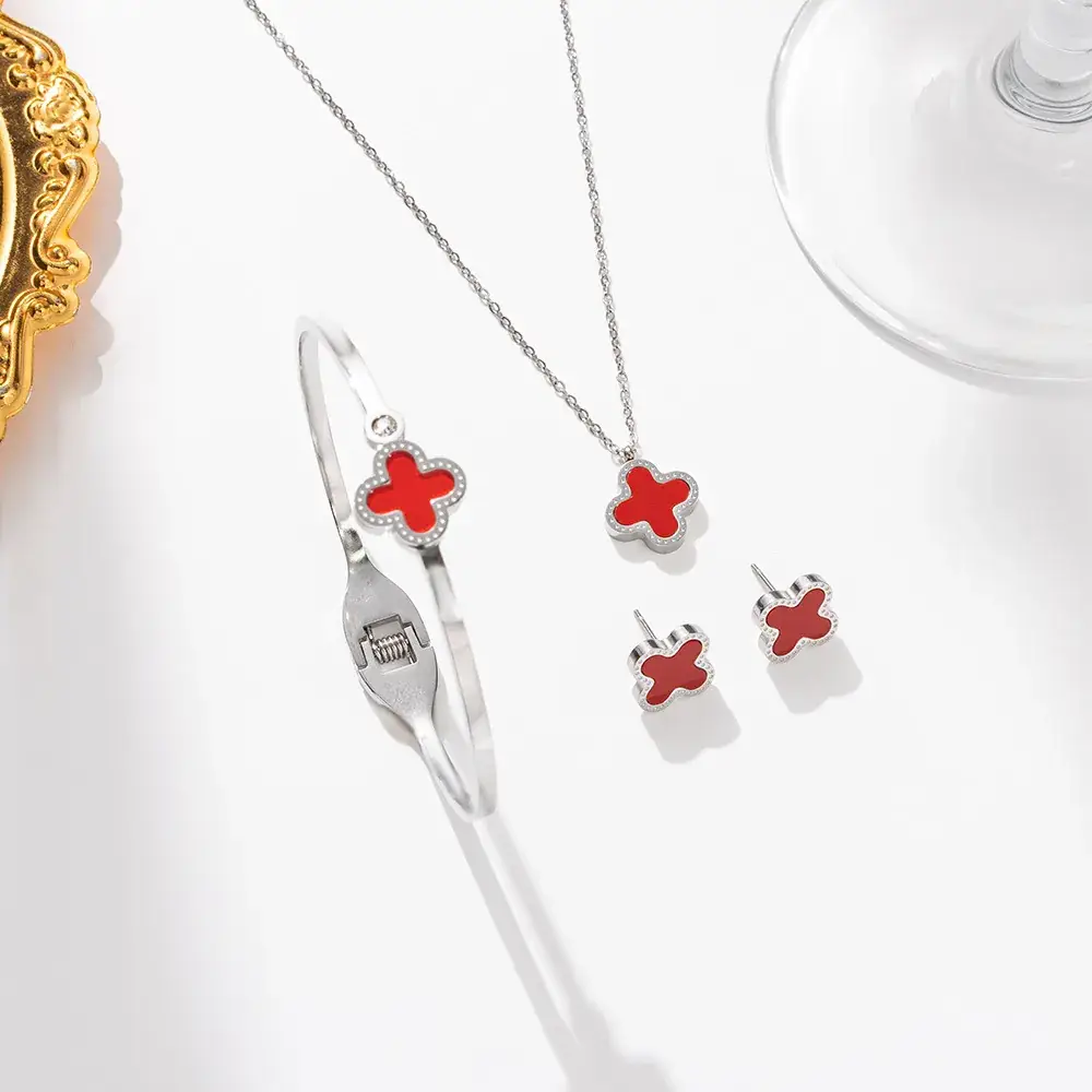 Silver Four-leaf Clover Stud Earrings for Women - Image 3