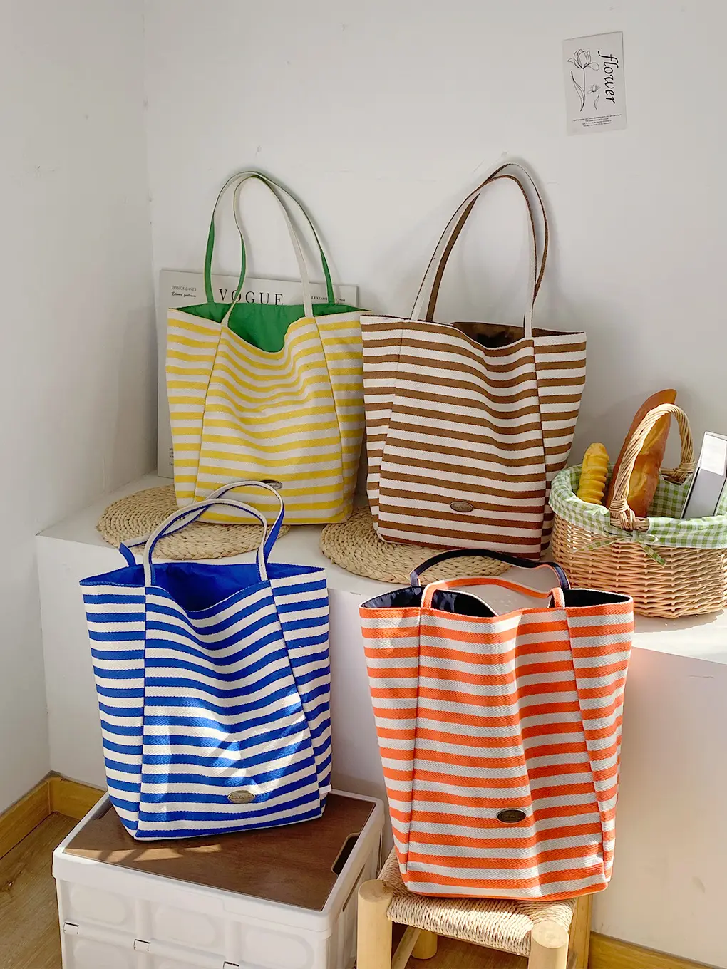 Korean Nylon Shoulder Bag Blue Striped Large Capacity