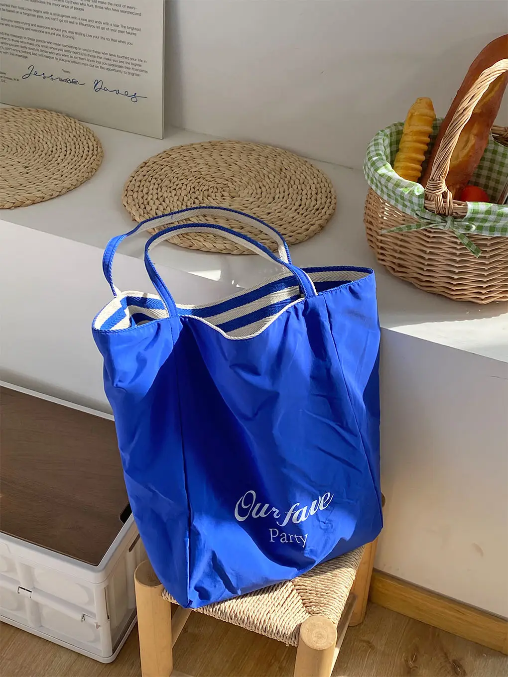 American Style Retro Color Contrast Shoulder Bag Klein Blue Stripe Double Bread Korean Style Nylon Large Capacity Tote Bag for Students luggage and leather goods — feature 14