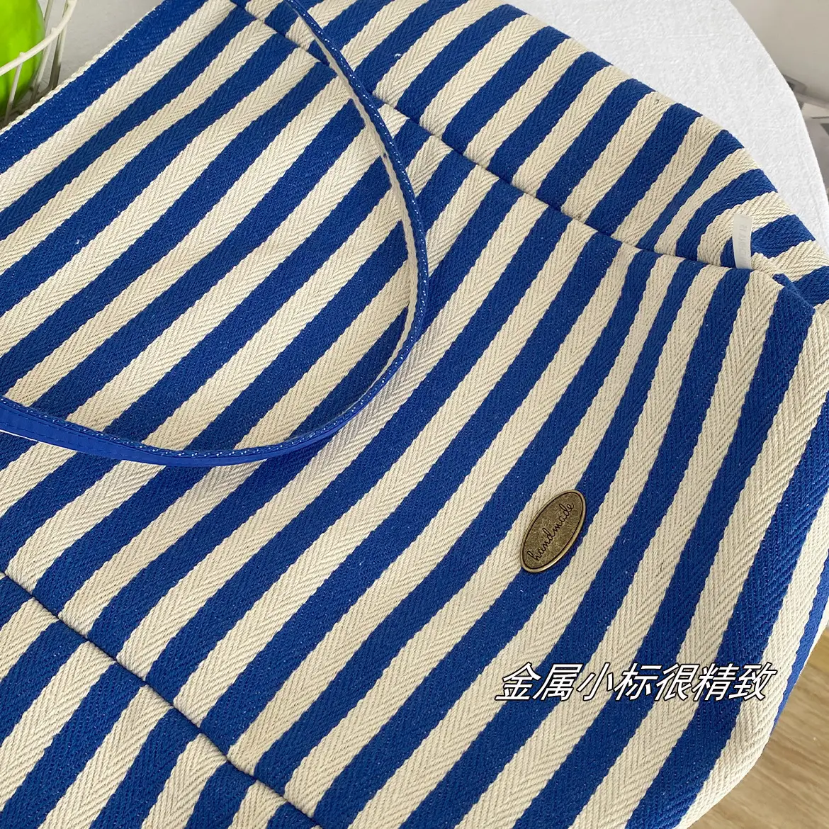 American Style Retro Color Contrast Shoulder Bag Klein Blue Stripe Double Bread Korean Style Nylon Large Capacity Tote Bag for Students luggage and leather goods — feature 18