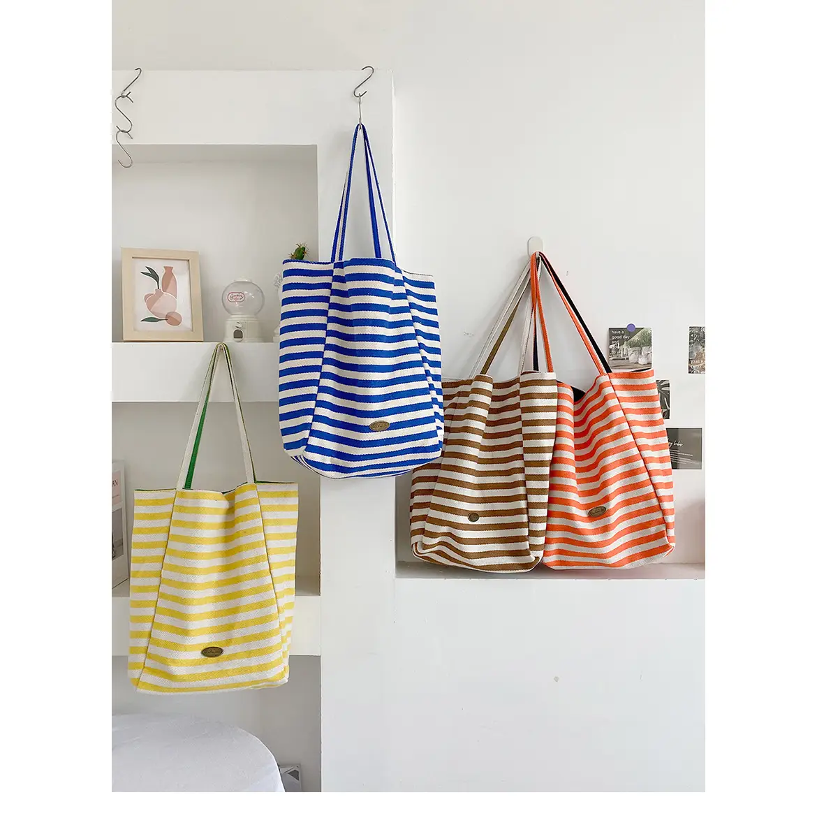 American Style Retro Color Contrast Shoulder Bag Klein Blue Stripe Double Bread Korean Style Nylon Large Capacity Tote Bag for Students luggage and leather goods — feature 2