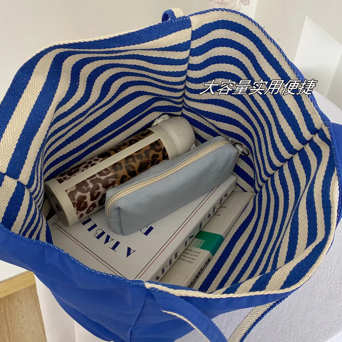 American Style Retro Color Contrast Shoulder Bag Klein Blue Stripe Double Bread Korean Style Nylon Large Capacity Tote Bag for Students luggage and leather goods — feature 20