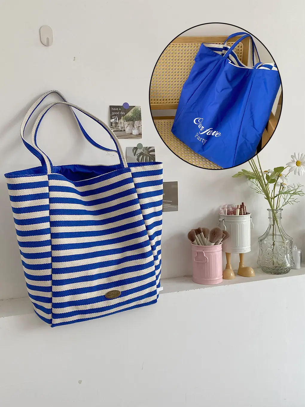 American Style Retro Color Contrast Shoulder Bag Klein Blue Stripe Double Bread Korean Style Nylon Large Capacity Tote Bag for Students luggage and leather goods - Image 2