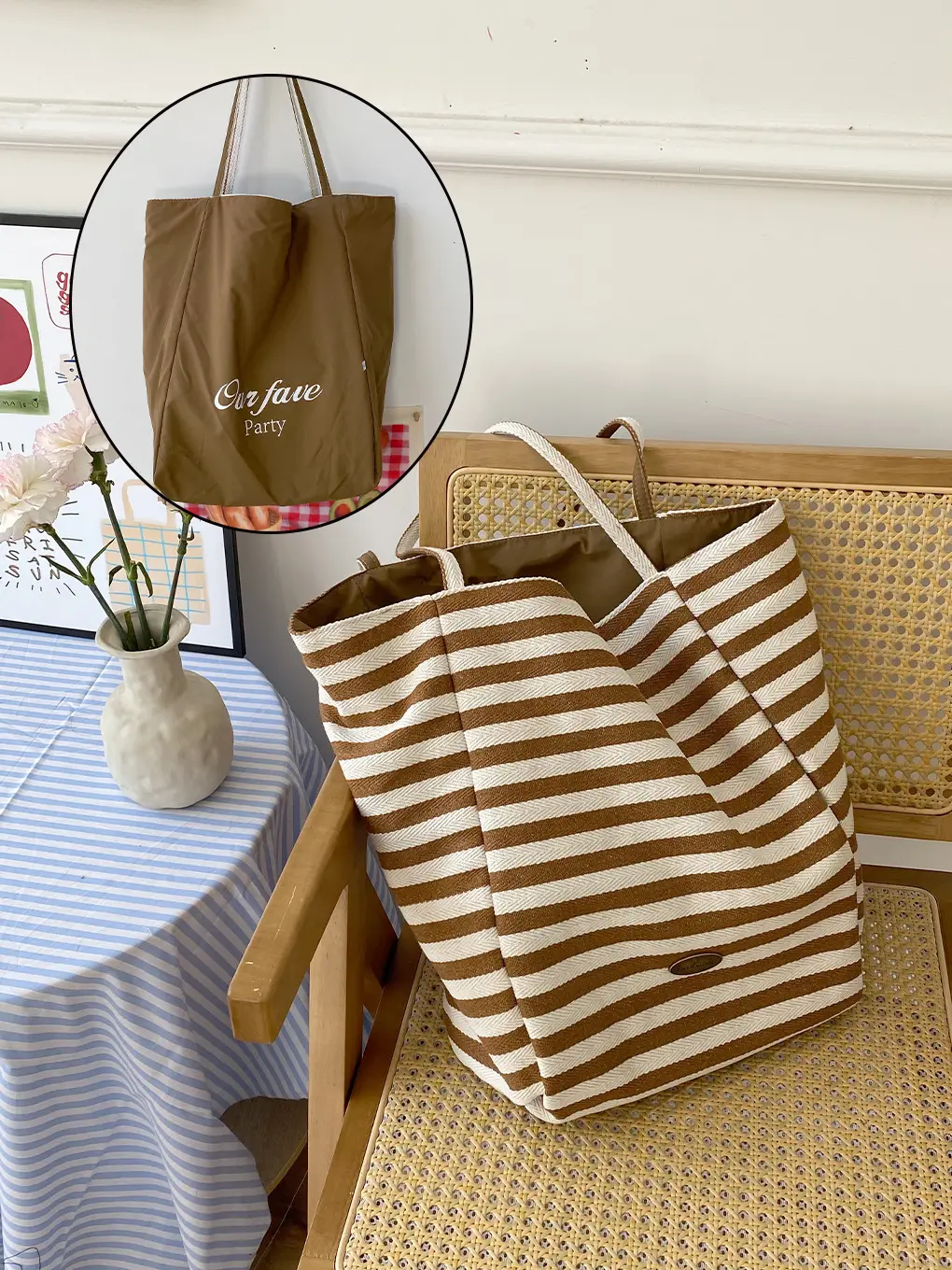 American Style Retro Color Contrast Shoulder Bag Klein Blue Stripe Double Bread Korean Style Nylon Large Capacity Tote Bag for Students luggage and leather goods - Image 3