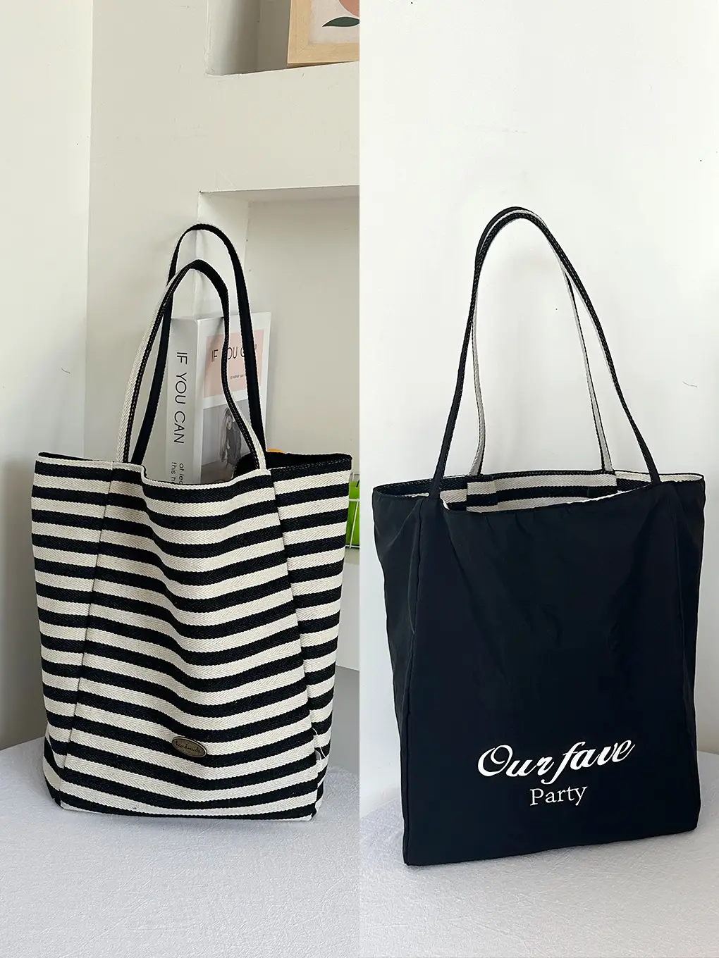American Style Retro Color Contrast Shoulder Bag Klein Blue Stripe Double Bread Korean Style Nylon Large Capacity Tote Bag for Students luggage and leather goods - Image 5