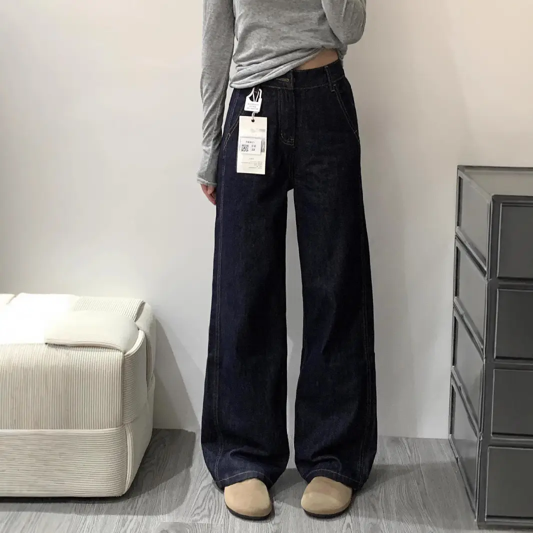 Dark Blue Wide Leg Jeans Women Spring Slim Fit