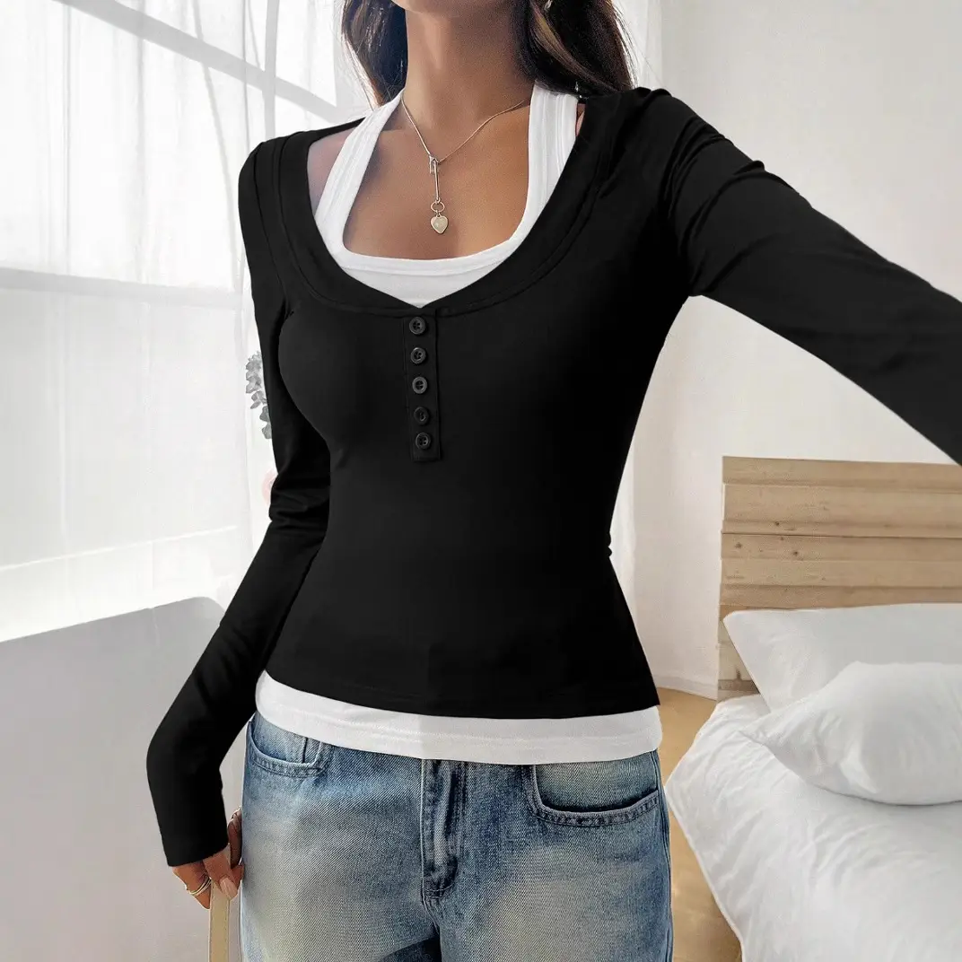 Women's Grey Long Sleeve Button Front T-Shirt