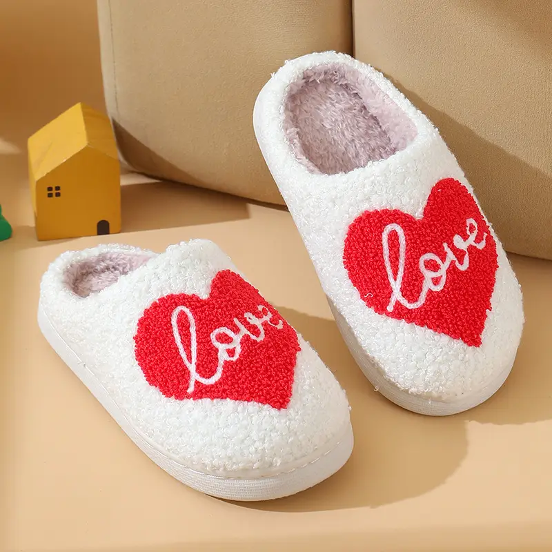 2025 Cross-Border Children's Cotton Slippers with Heart Design for Girls, Thick Cartoon Home Plush Heart Cotton Slippers Temu