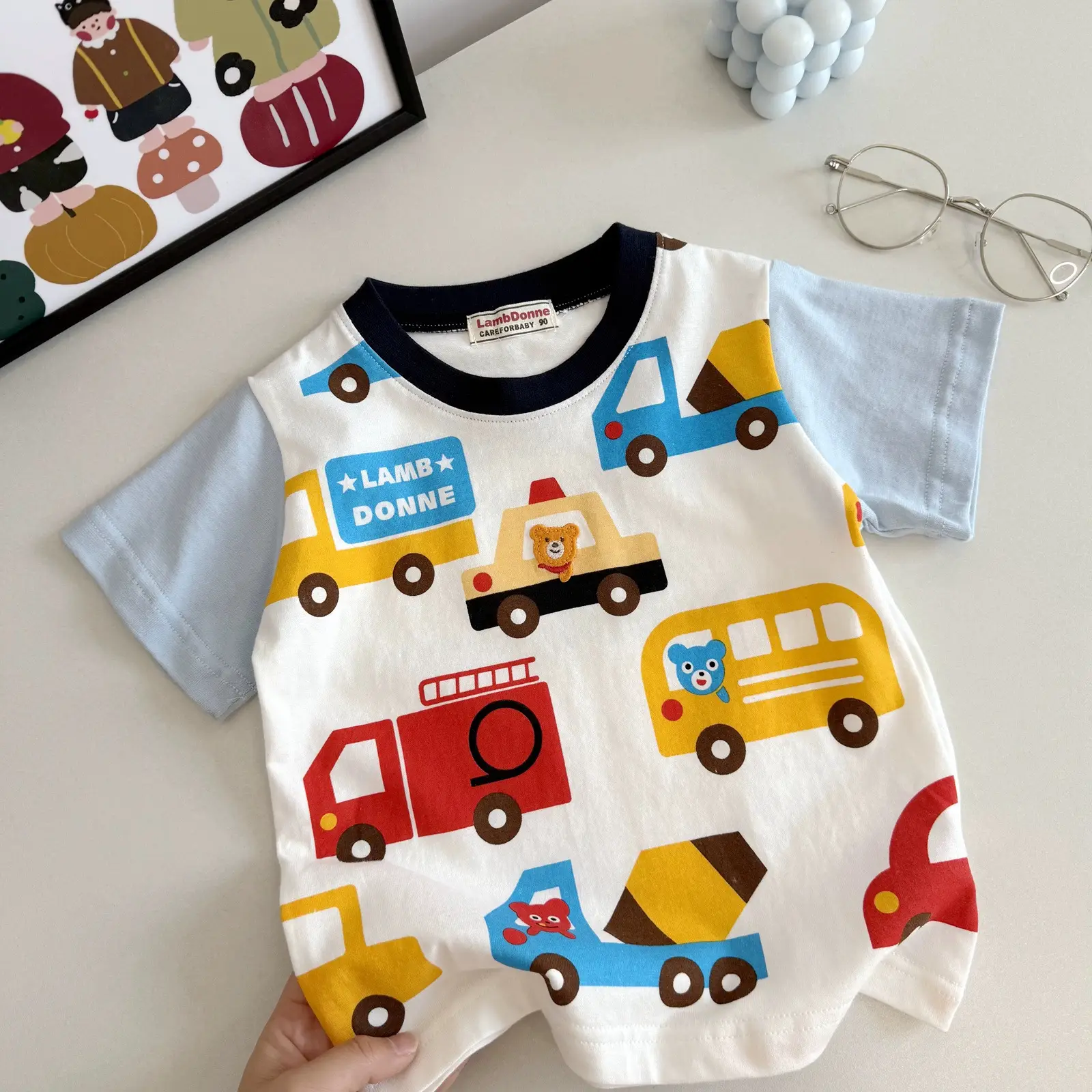 Cute Car Print Boys Cotton T-Shirt White