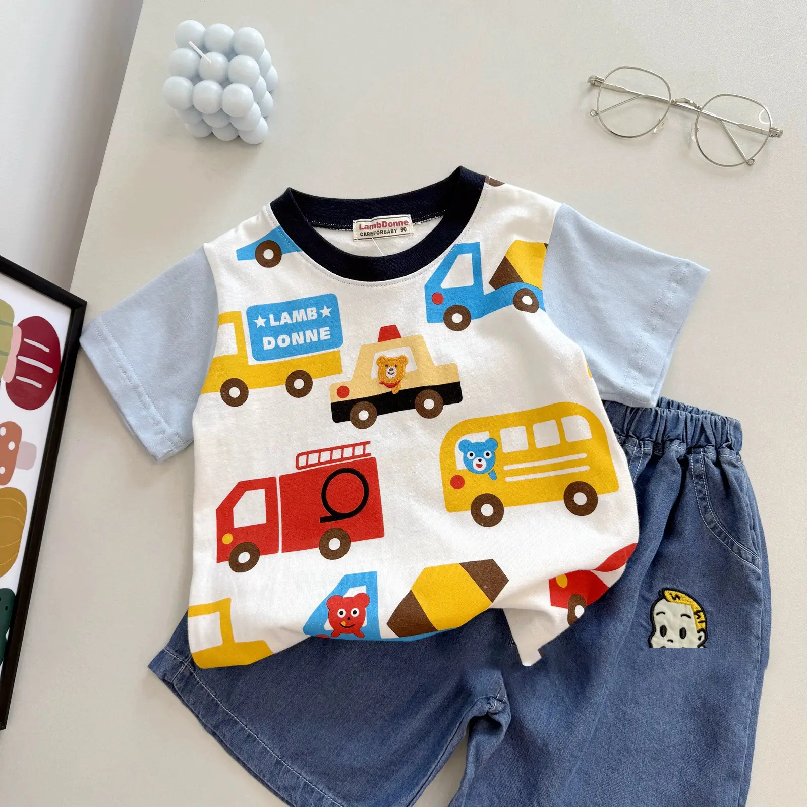 Cute Car Print Boys Cotton T-Shirt White — feature 13