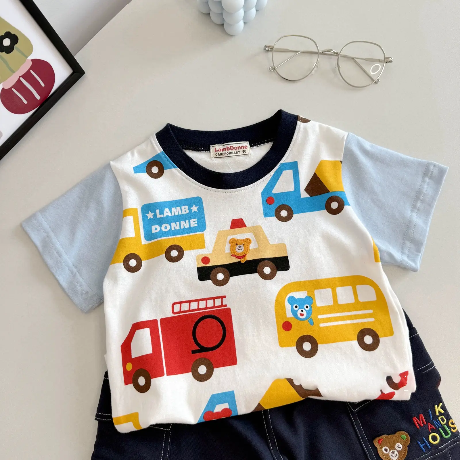 Cute Car Print Boys Cotton T-Shirt White — feature 14