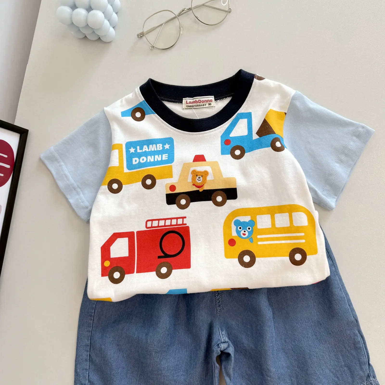 Cute Car Print Boys Cotton T-Shirt White — feature 15