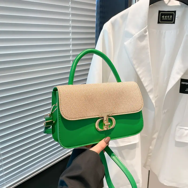 Green Textured Lock Buckle Shoulder Bag for Women