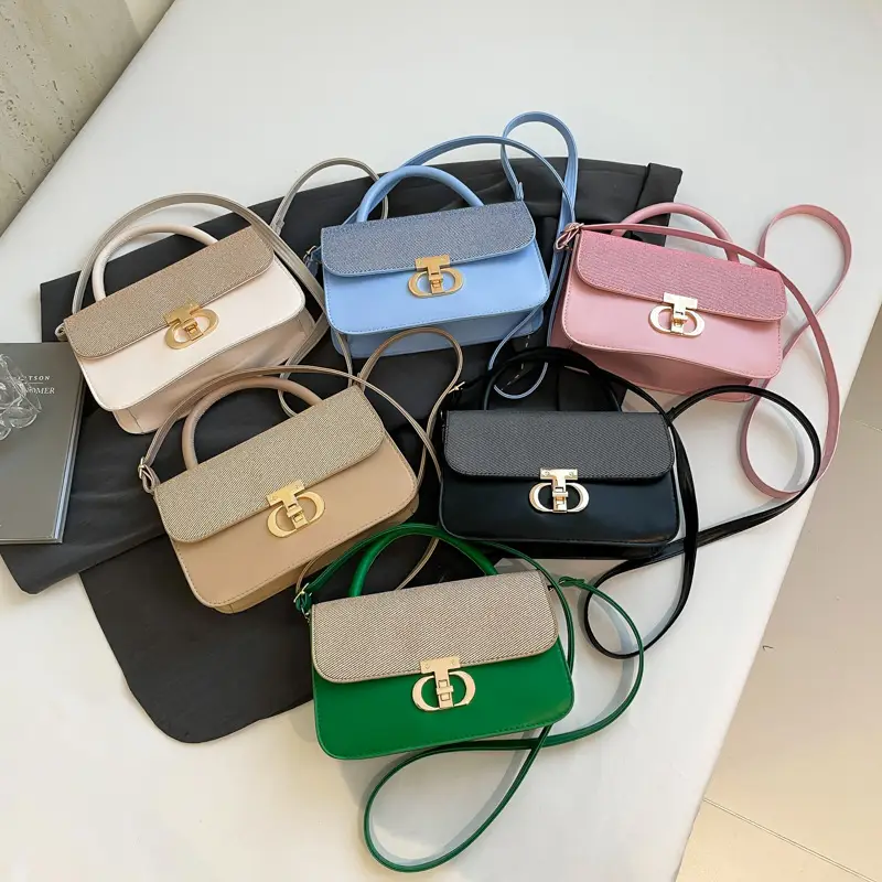 Green Textured Lock Buckle Shoulder Bag for Women