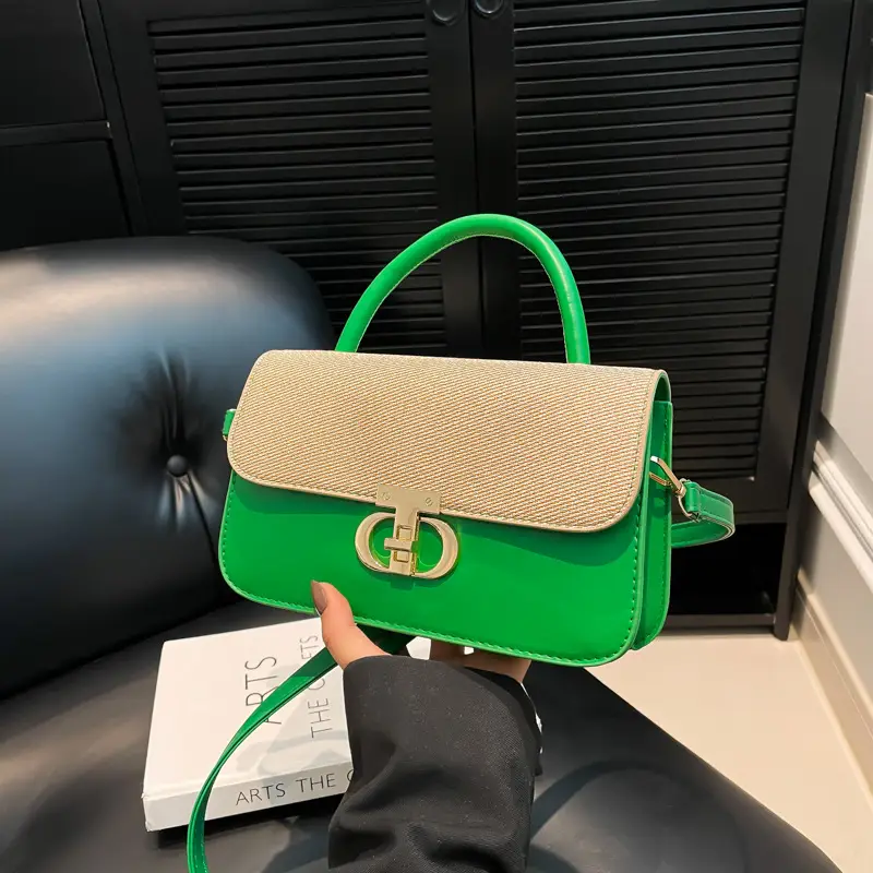 Green Textured Lock Buckle Shoulder Bag for Women
