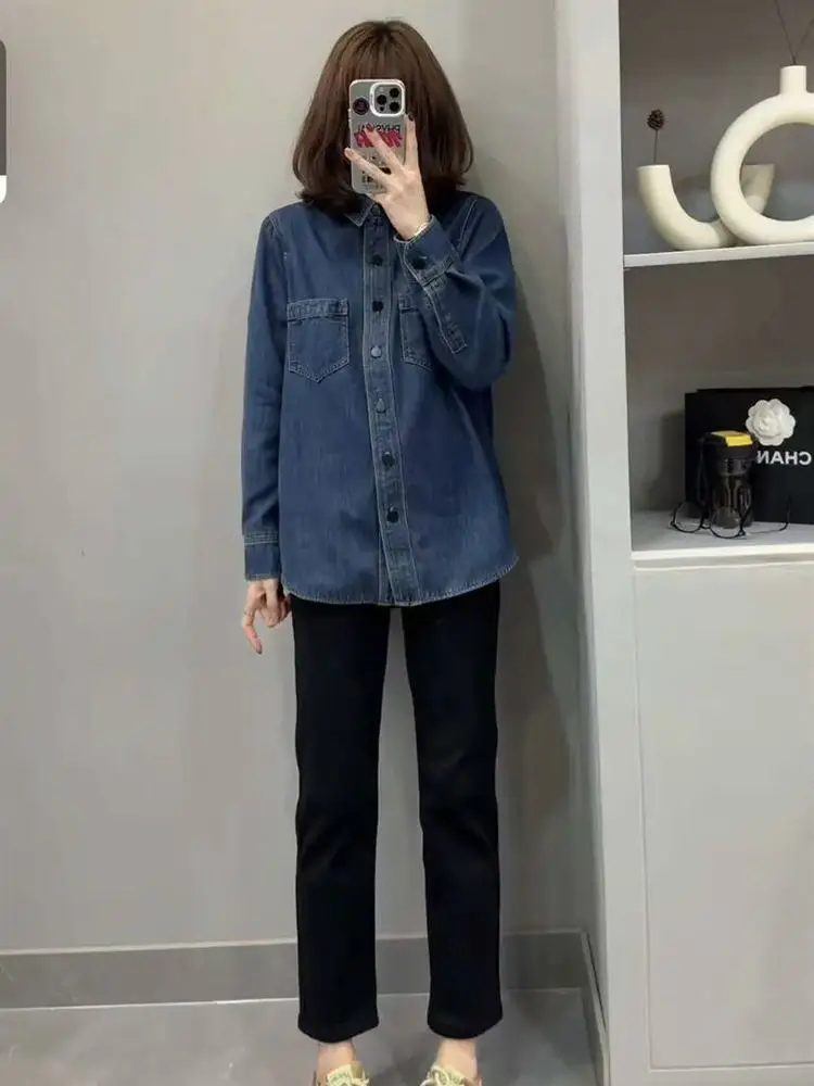Women Blue Denim Shirt Petite Short Autumn Layering Set - Image 3