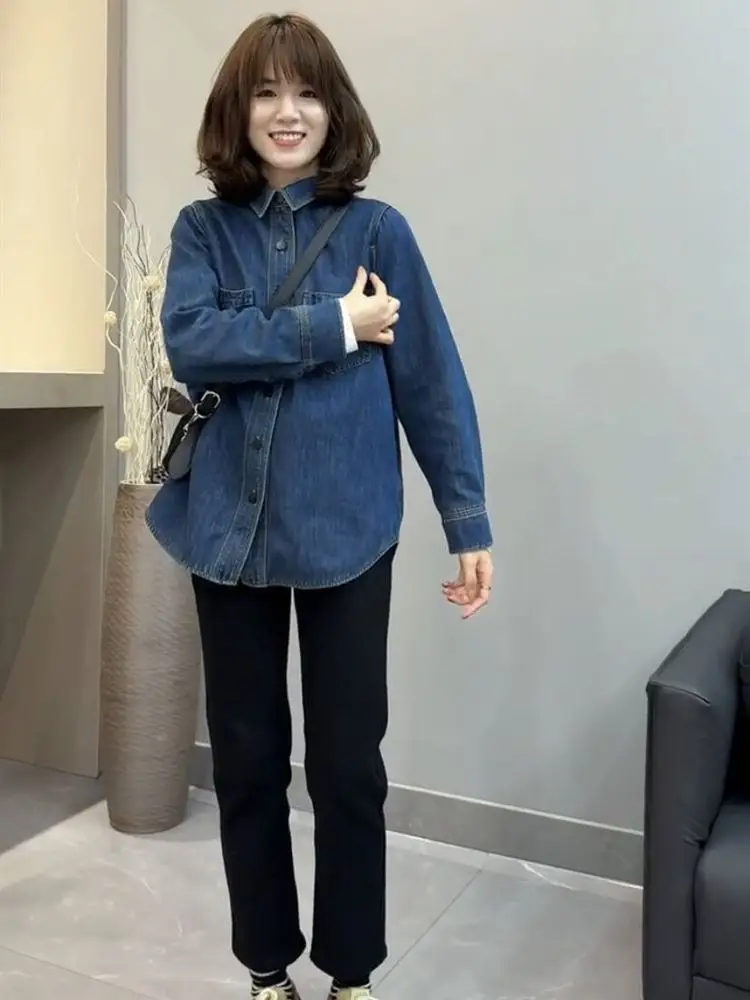 Women Blue Denim Shirt Petite Short Autumn Layering Set - Image 4