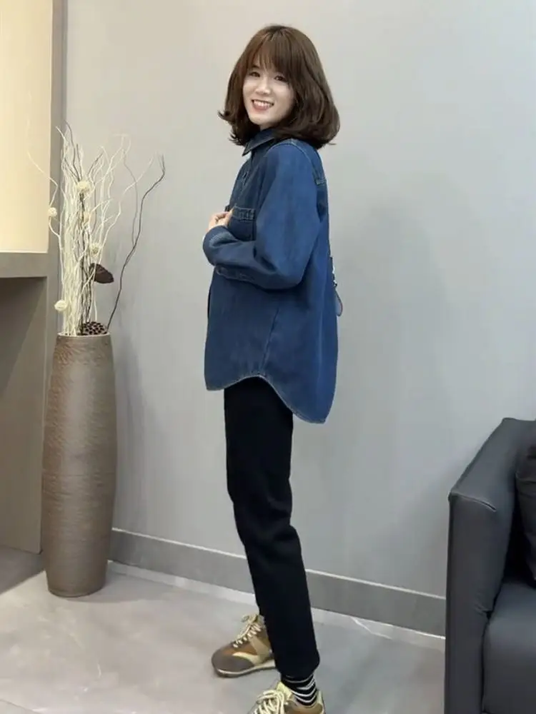 Women Blue Denim Shirt Petite Short Autumn Layering Set - Image 5