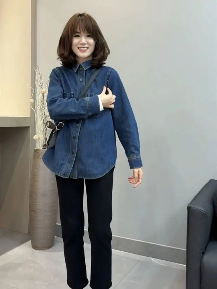 Women Blue Denim Shirt Petite Short Autumn Layering Set - Image 6