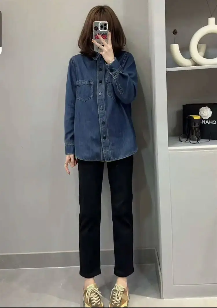 Women Blue Denim Shirt Petite Short Autumn Layering Set — feature 17