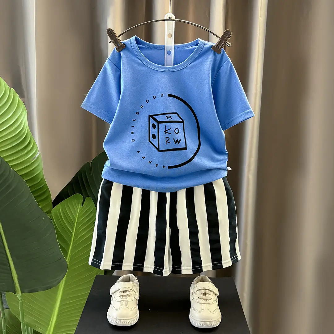 Children's White Printed T-Shirt & Striped Shorts Set - Image 3