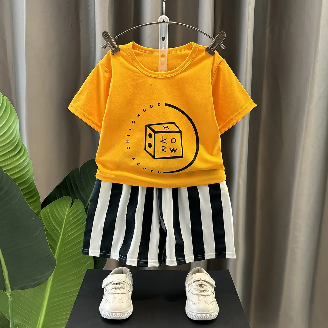 Children's White Printed T-Shirt & Striped Shorts Set - Image 2