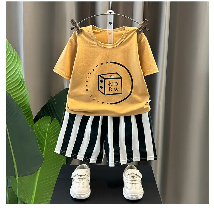 Children's White Printed T-Shirt & Striped Shorts Set — feature 11