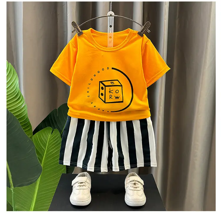 Children's White Printed T-Shirt & Striped Shorts Set — feature 12