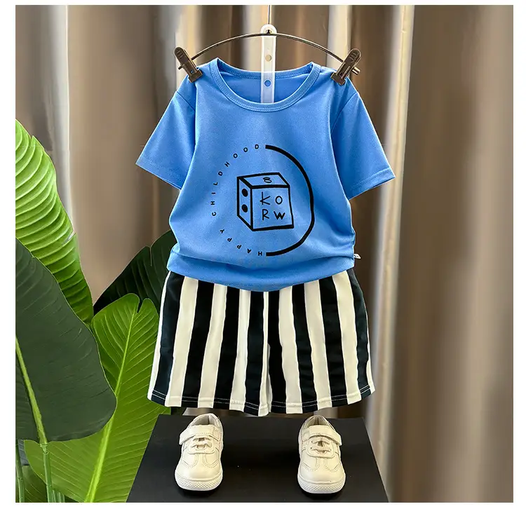 Children's White Printed T-Shirt & Striped Shorts Set — feature 13