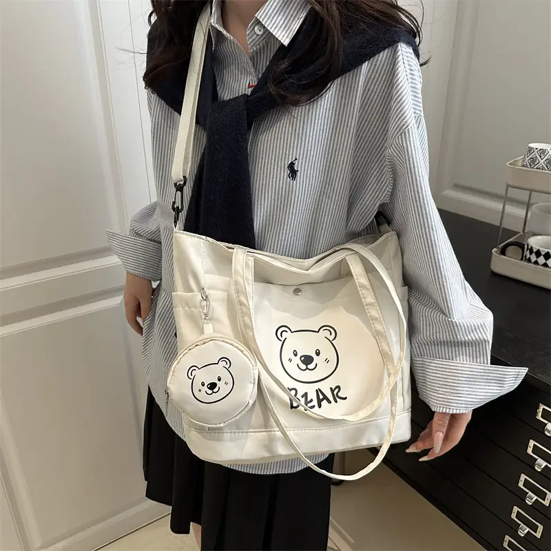 Cute Bear Print Canvas Shoulder Bag for Women