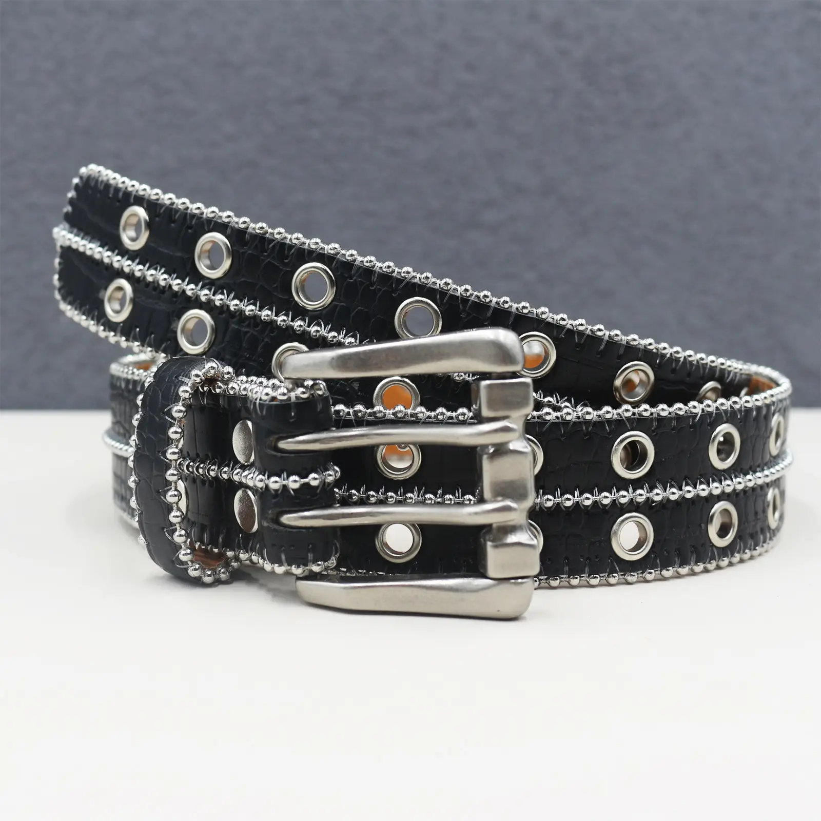 Heavy Rivet Hollow Belt Double Row Eyelet Belt Men Women Pin Buckle Hip Hop Punk — feature 1