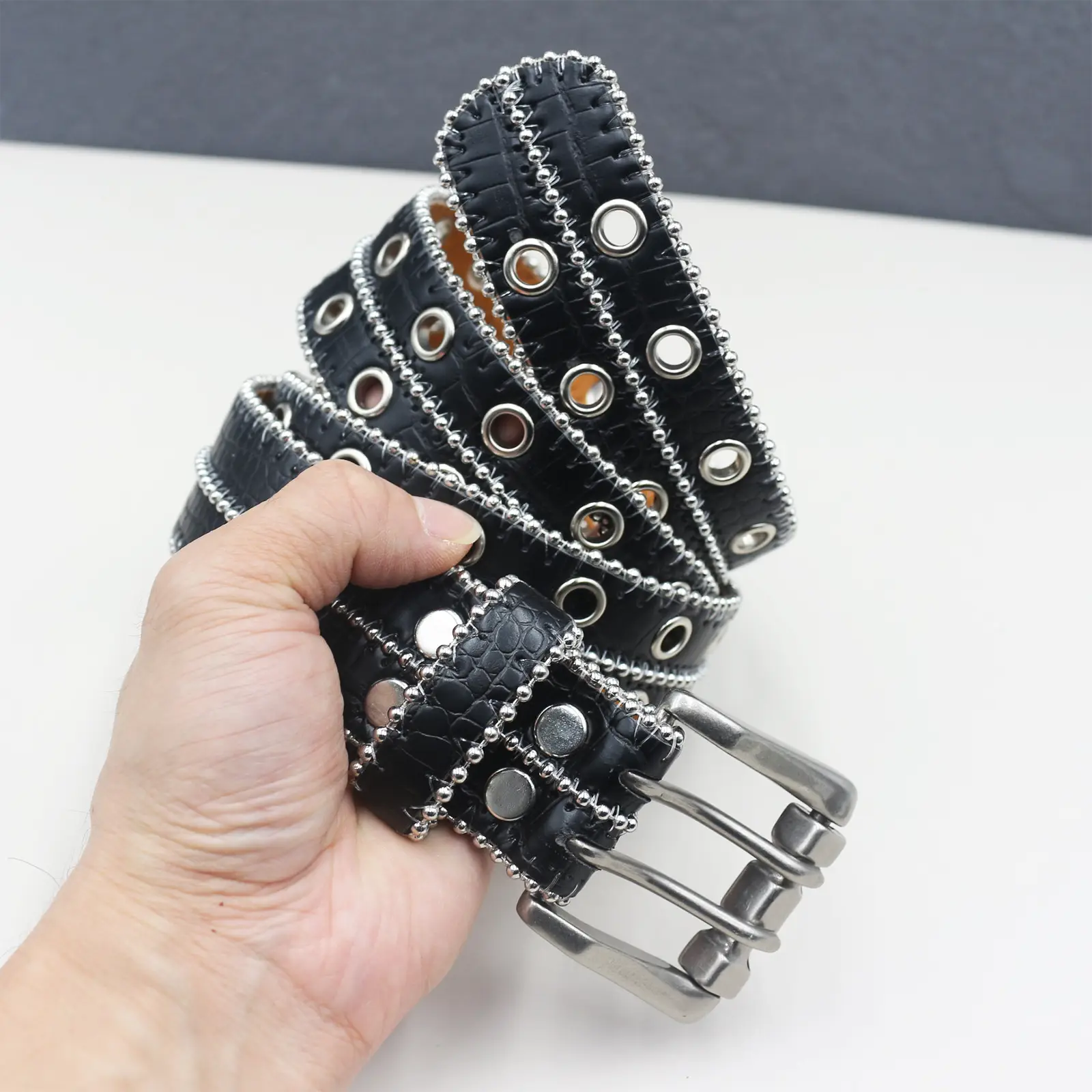 Heavy Rivet Hollow Belt Double Row Eyelet Belt Men Women Pin Buckle Hip Hop Punk — feature 11