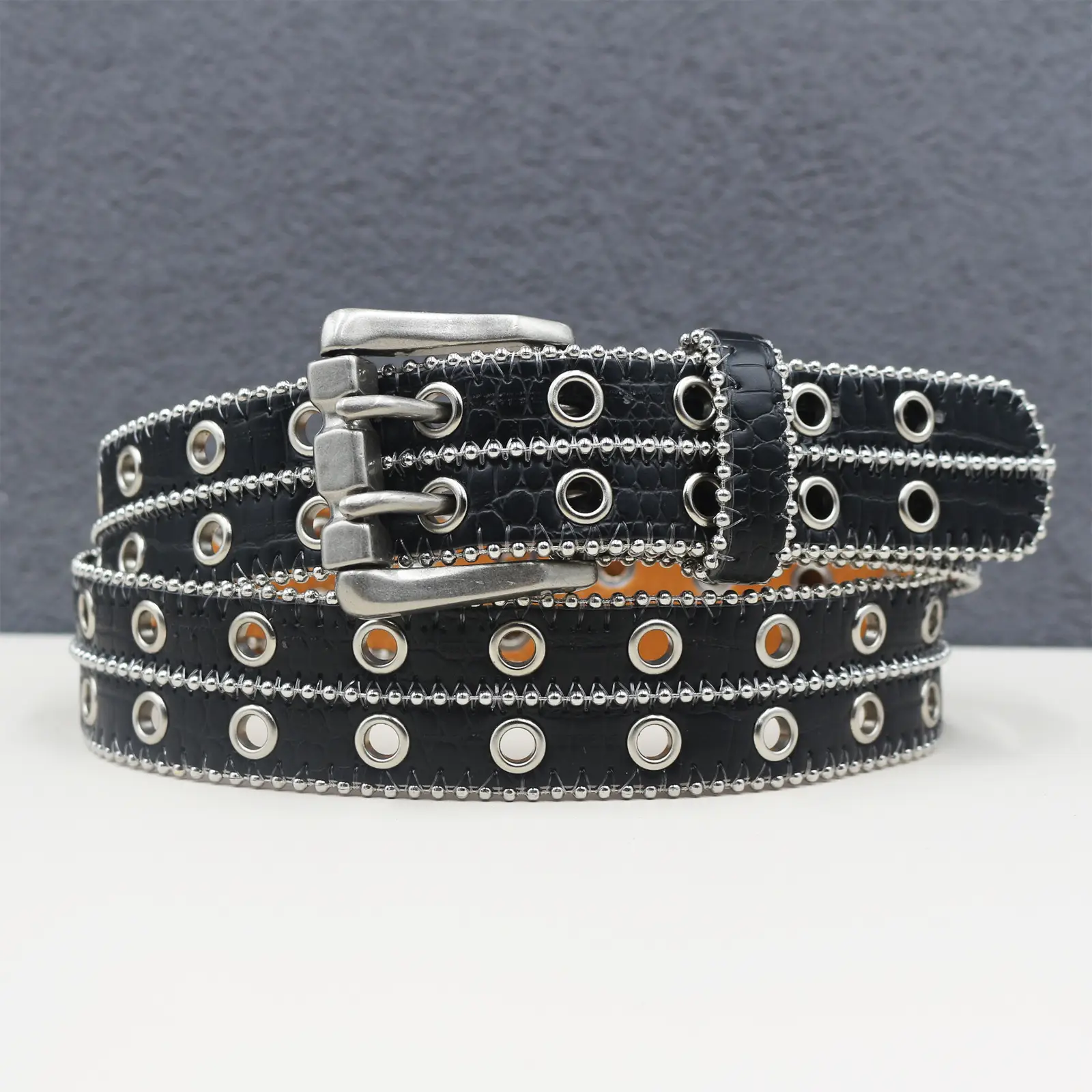 Heavy Rivet Hollow Belt Double Row Eyelet Belt Men Women Pin Buckle Hip Hop Punk — feature 3